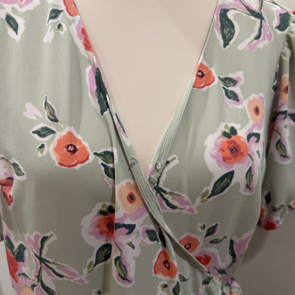 LC Lauren Conrad Size Large Sage Green Floral Faux-Wrap Midi Dress Cottagecore - Picture 5 of 15